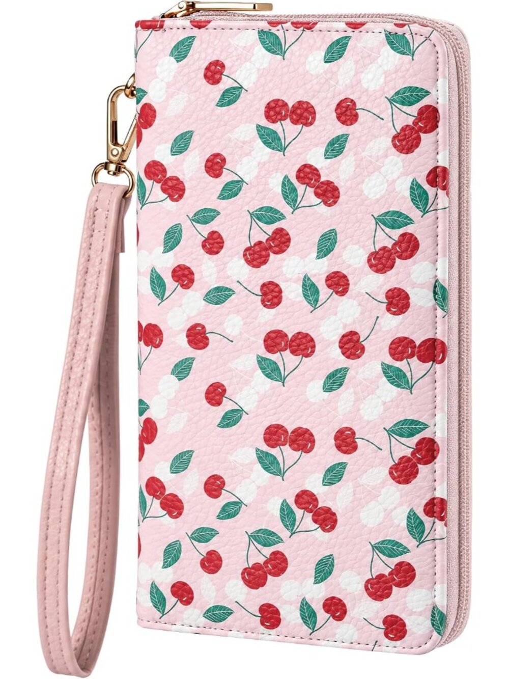 Women's Vegan Leather Clutch Wallet with Zip, Hand Strap, Large Capacity, Pink C